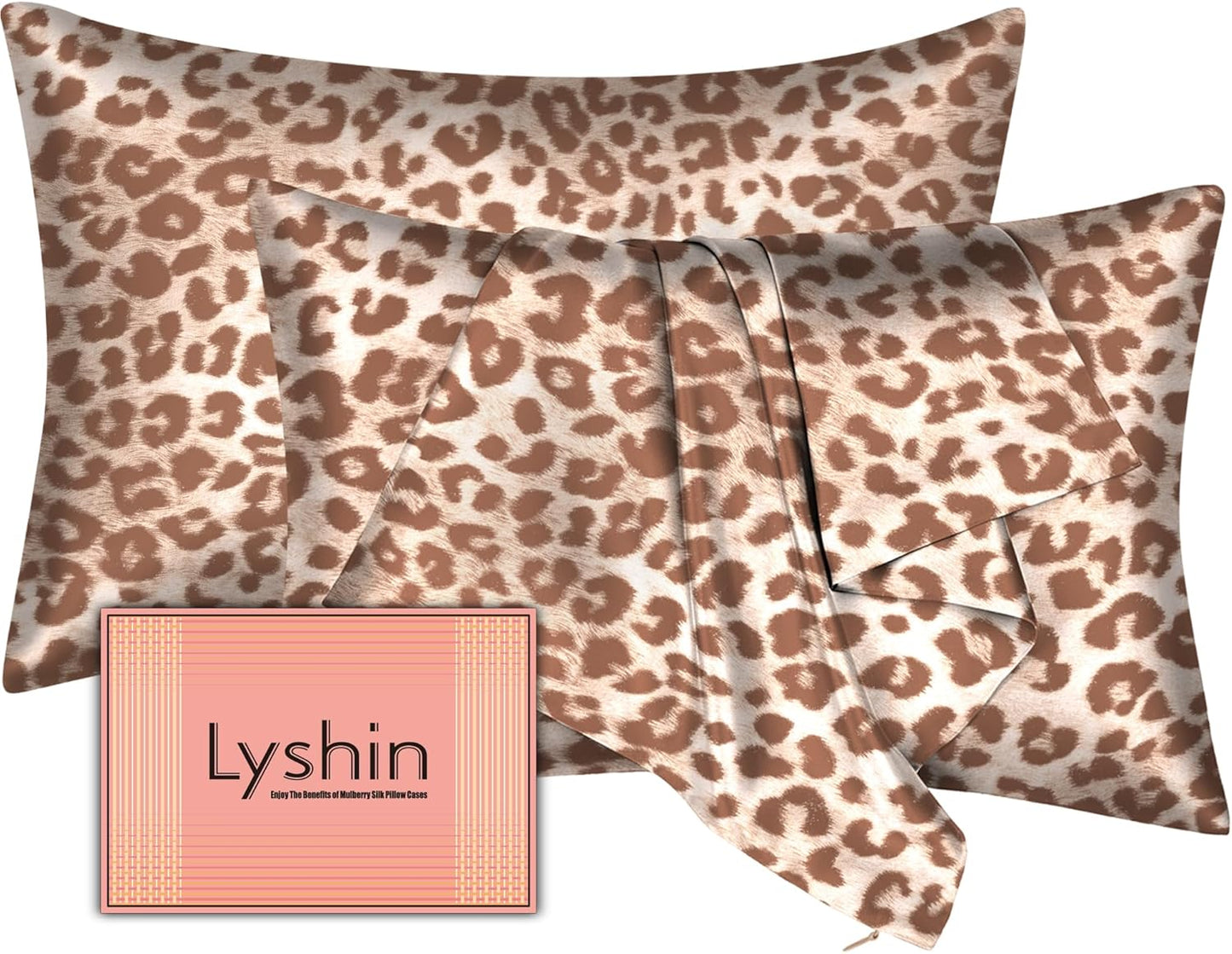 Skiennix Mulberry Silk Pillowcases - 2 Pack Queen Size | Hidden Zipper for Hair & Skin Care - Leopard Beige