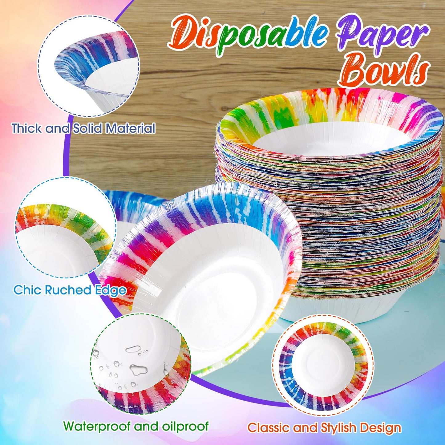 FillTouch 120 Pcs Tie Dye Paper Bowls Bulk 16 oz Party Supplies Disposable Paper Soup Bowls 7 Inches for Hot Cold Food Snack Milk Cereals Salads Dinner Birthday Rainbow Decorations