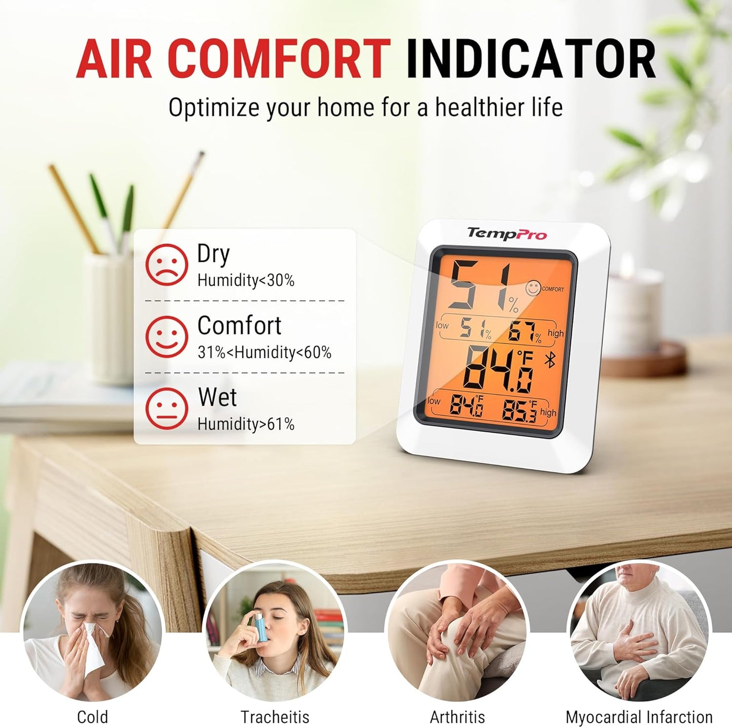 TempPro Hygrometer Thermometer - Bluetooth Indoor Room & Greenhouse Monitor | 260FT Range, Backlit Display
