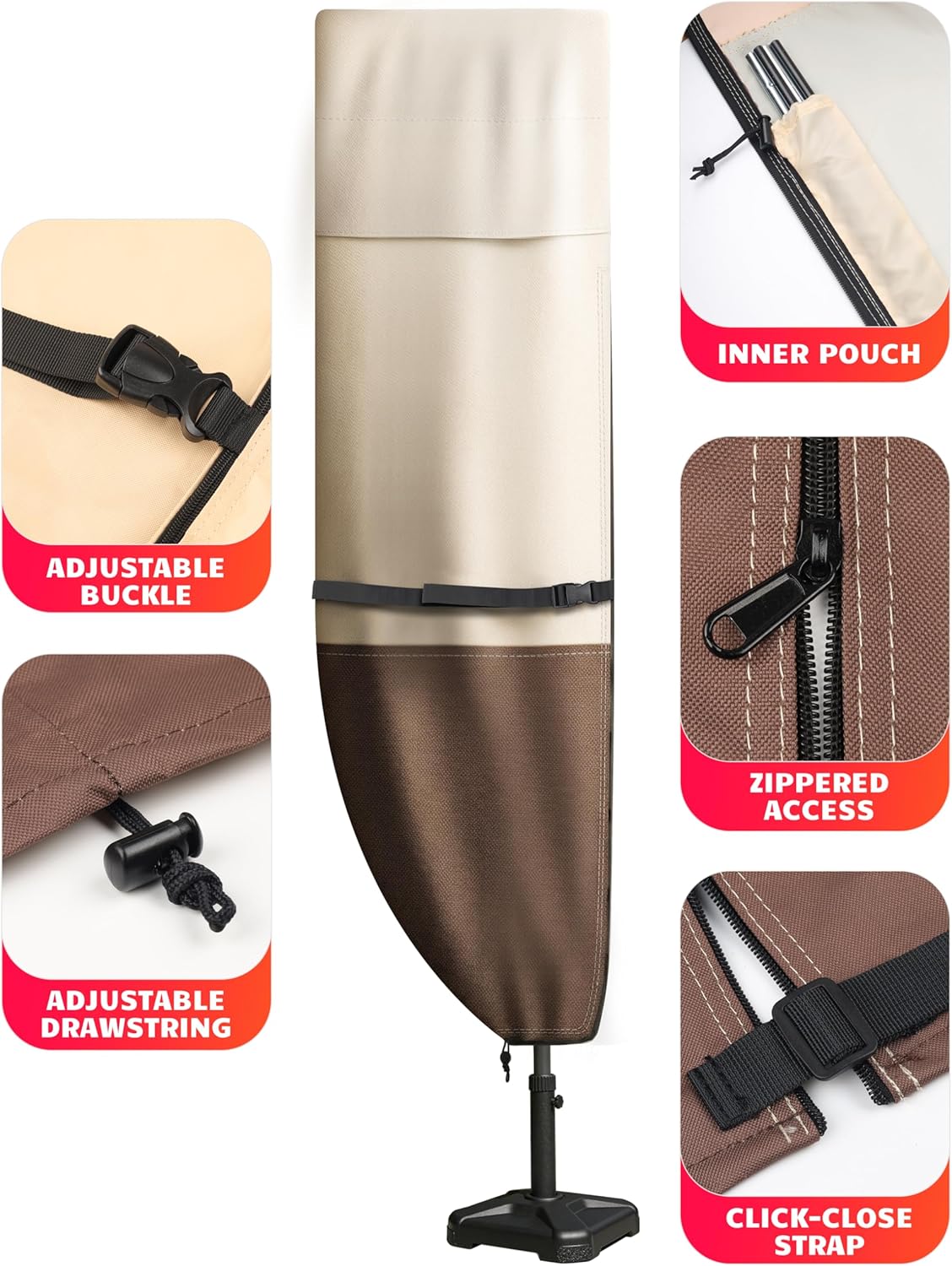 Vailge Patio Umbrella Cover - Waterproof & Windproof 600D Oxford for Double-Sided Umbrellas 13-15 Feet