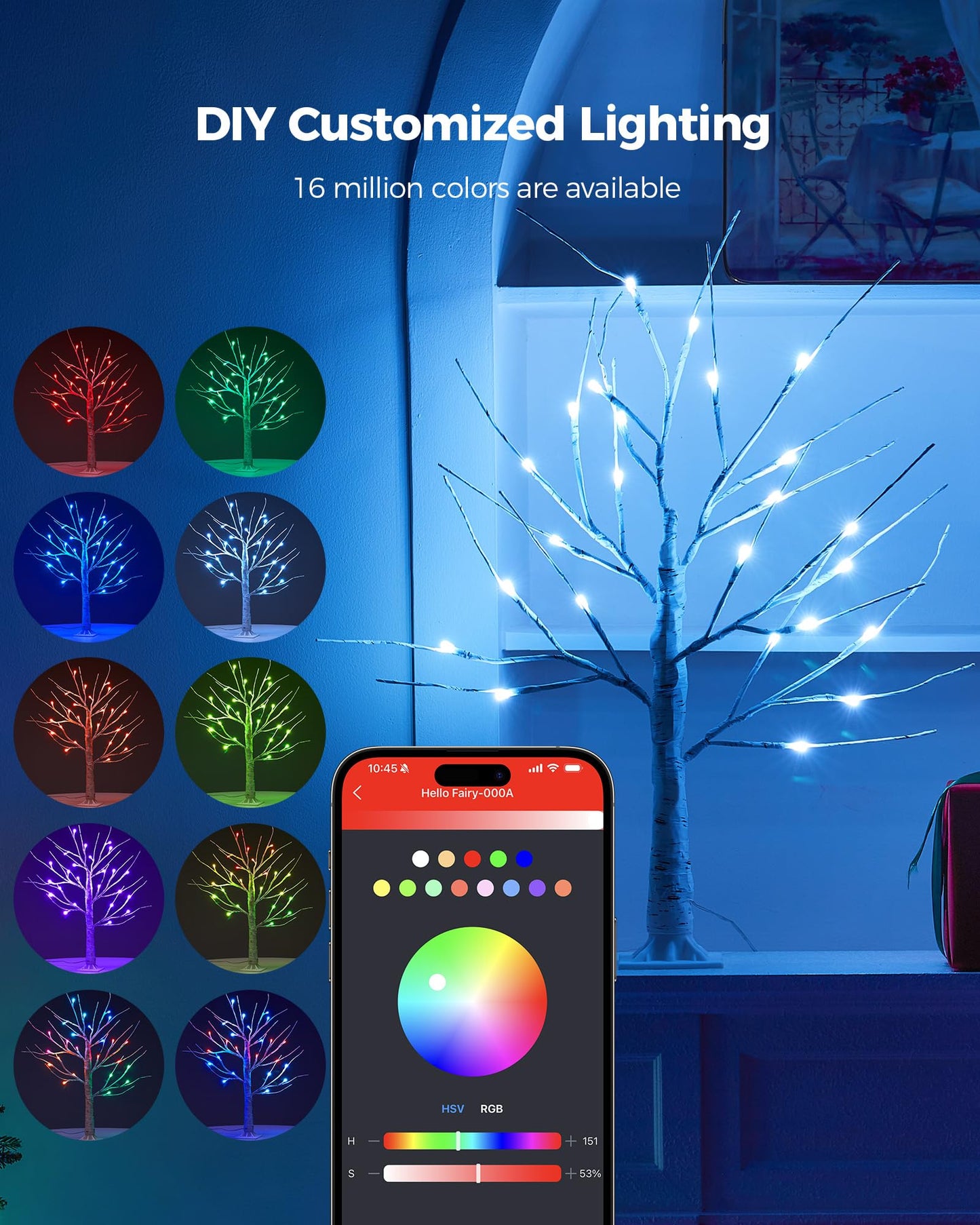 Ariceleo 2FT Lighted Birch Tree with RGB LED Lights, USB Powered, Timer & APP Control, 24 LED, Tabletop Decor for Christmas, Thanksgiving, Holiday Decorations – Indoor & Outdoor Use