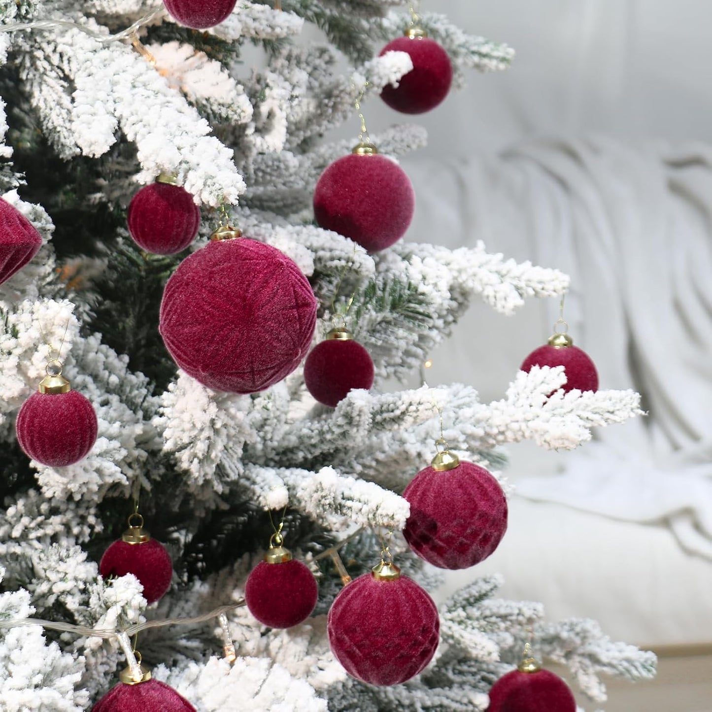 Skiennix Velvet Christmas Ornaments Set - 35PCS Flocked Shatterproof Hanging Decorations | Burgundy