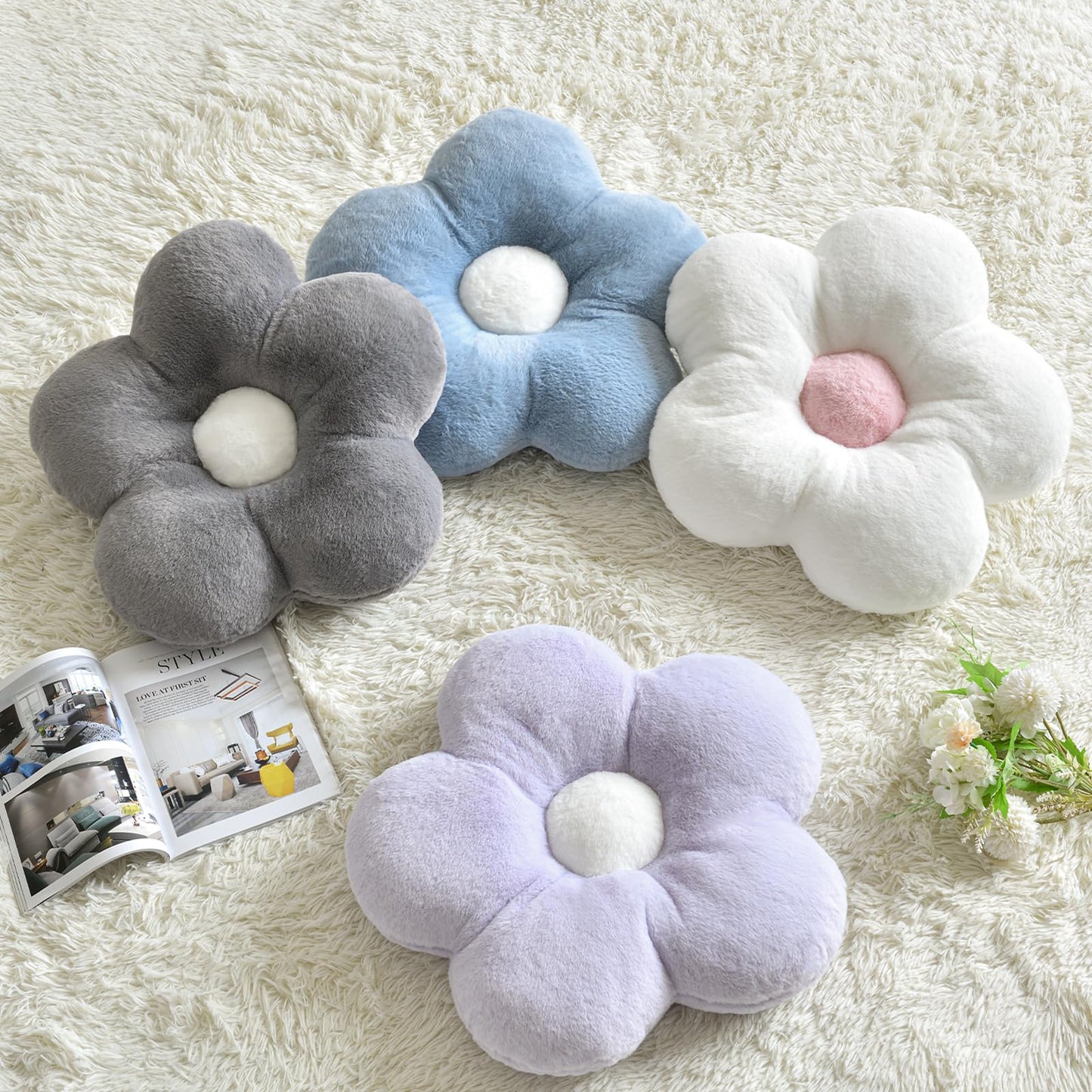 ZCNYCLAM Flower Pillows, Soft Decorative Throw Pillows for Couch Chair Bed, Flower Floor Throw Pillows for Adults Bedroom Living Room (Grey Blue, 19.6 Inches)