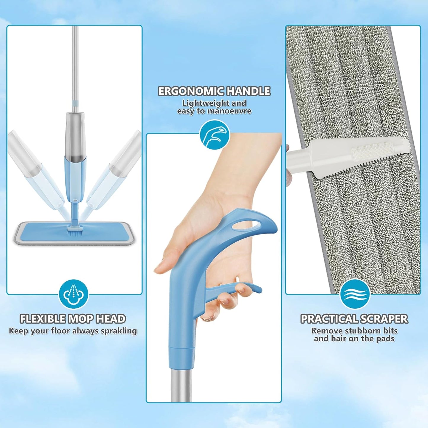 MEXERRIS Floor Mop - Spray Wet Mop for Hardwood Cleaning | 3 Washable Pads for Versatile Use