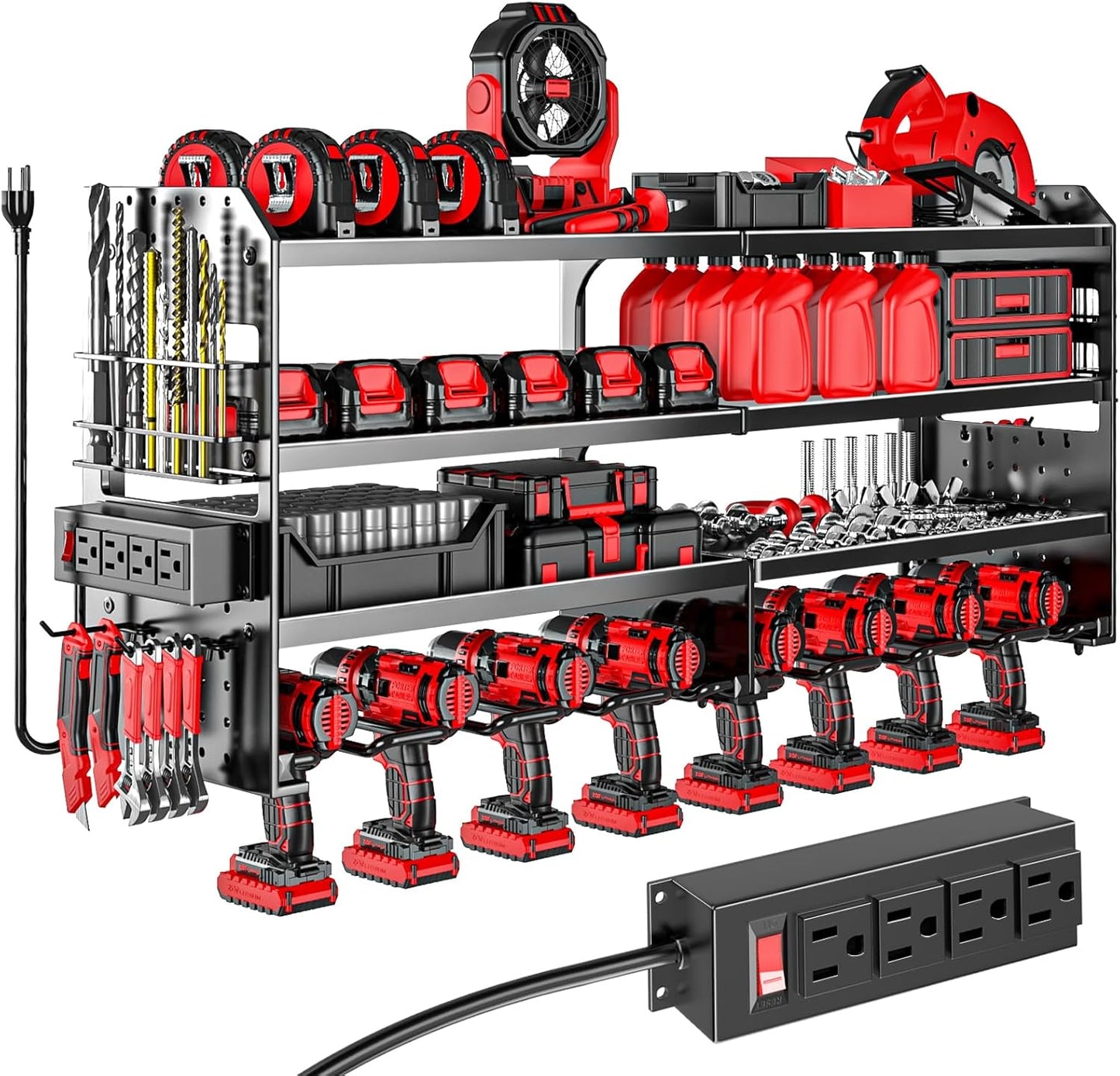 Large Power Tool Organizer by [Brand Name] - Heavy Duty Wall Mount with Charging Station & 8 Drill Holders | Black