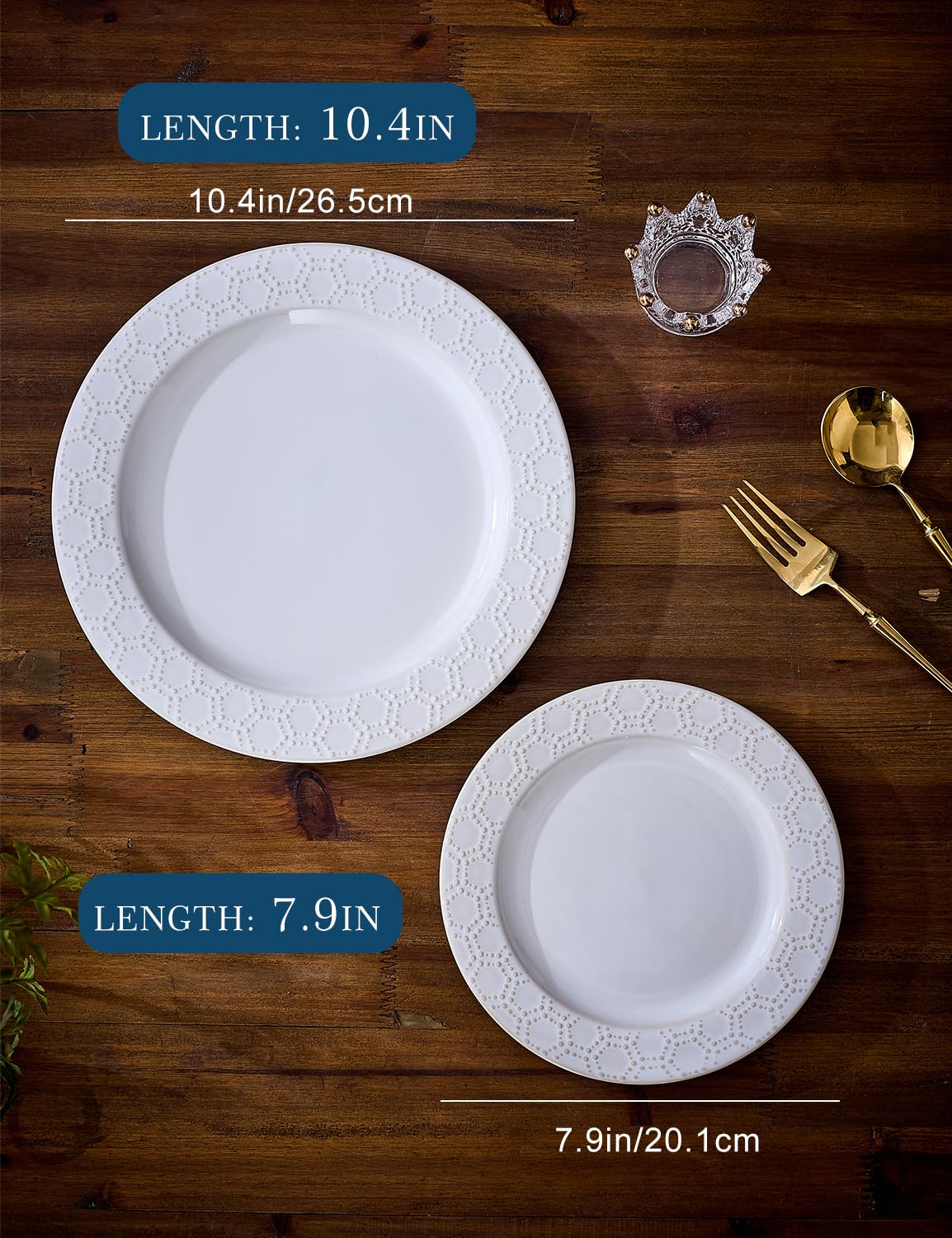 Pyrilo 10.4-Inch Embossed Ceramic Plates Set of 4 - Arctic White Dinner Plates for Kitchen Dining Microwave Dishwasher Safe Scratch Resistant Plate Sets Housewarming Wedding Gift