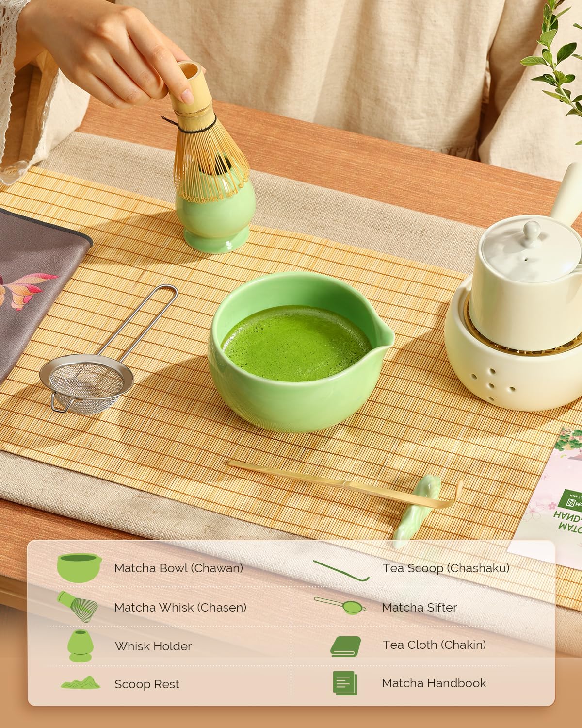 Maestri House Matcha Whisk Set, 7-Pc Complete Matcha Kit with Spouted Ceramic Bowl, Bamboo Whisk and Holder, Scoop, Spoon Rest & Sifter, Tea Cloth – Ideal Gift for Matcha Lovers (Green)