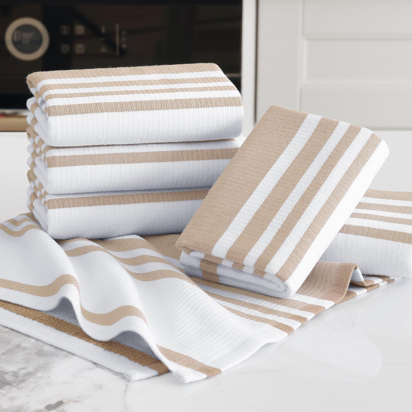 Homaxy Premium Kitchen Towels 18”x 28”, Large Cotton 380 GSM Kitchen Hand Towels, Stripe and Terry Dish Towel, Highly Absorbent Tea Towel Set with Hanging Loop, 6 Pack, Khaki