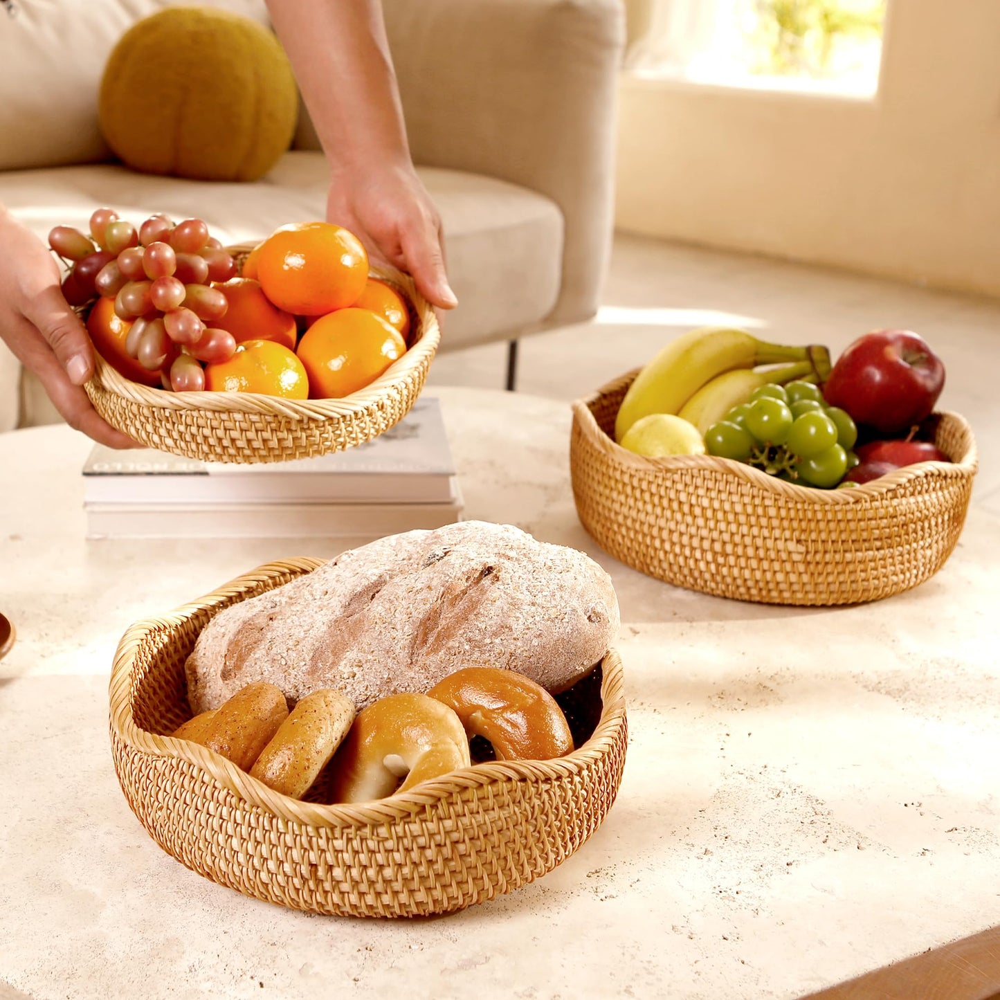 Rattan Woven Fruit Basket, Natural Round Bread Basket, Decorative Fruit Bowl for Kitchen Counter, Kitchen Storage Baskets for Vegetables, Eggs,Snacks