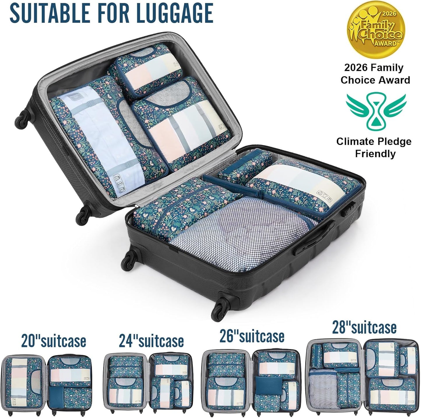 Veken Packing Cubes - 8-Piece Travel Organizer Set with Laundry Bag & Passport Holder | 4 Sizes for Luggage