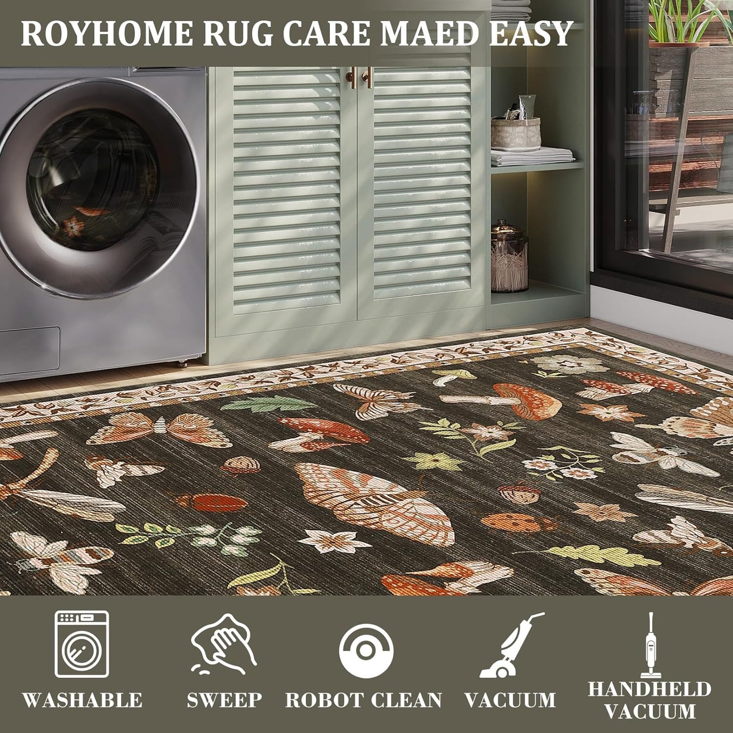 Mushroom Small Rug - Washable Non-Slip Door Mat | Ultra-Thin Stain Resistant 2x3 for Entryway, Kitchen, Bedroom