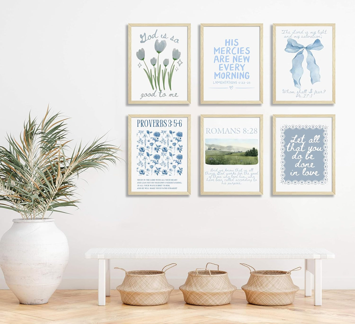 Skiennix Blue Christian Canvas Wall Art - Set of 6 Inspirational Bible Verse Prints for Girls' Room Decor