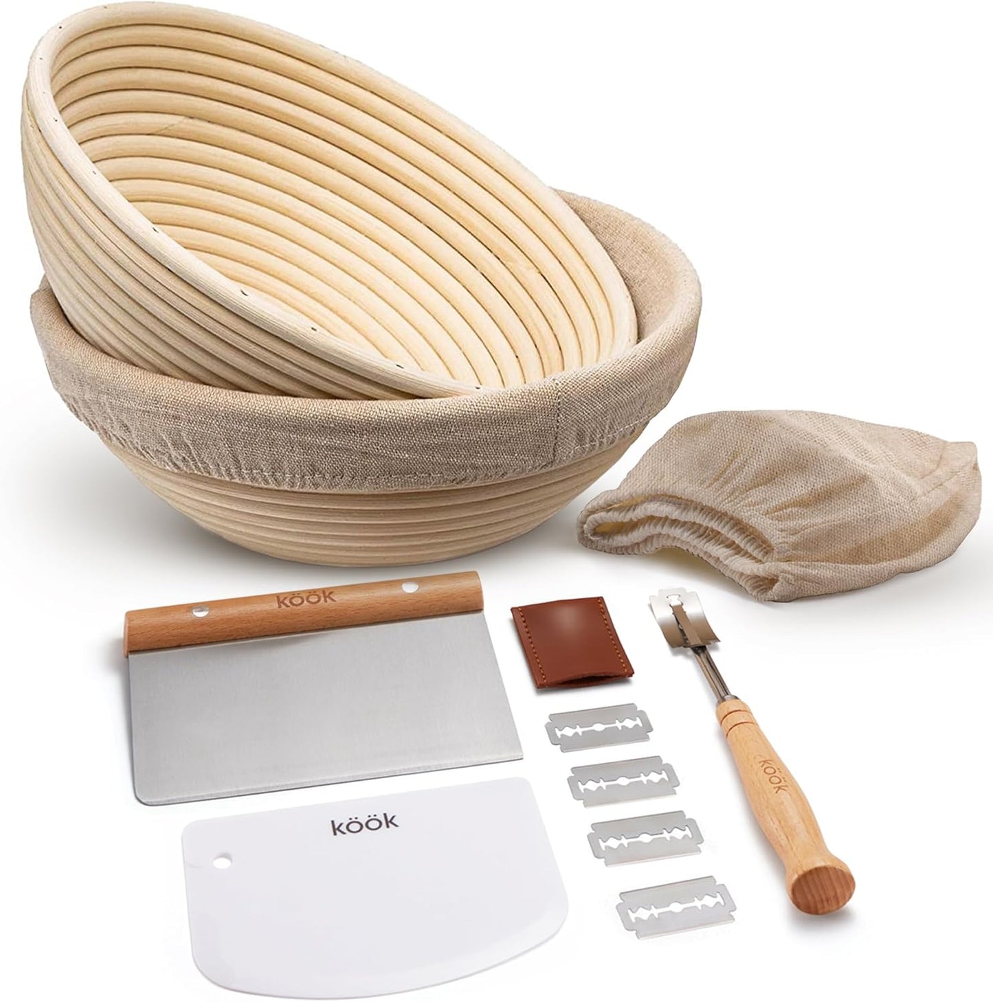 Kook Banneton Bread Proofing Basket Set - 12 Piece Artisan Sourdough Kit with Liners & Scrapers | 9 Inch Round Natural Rattan
