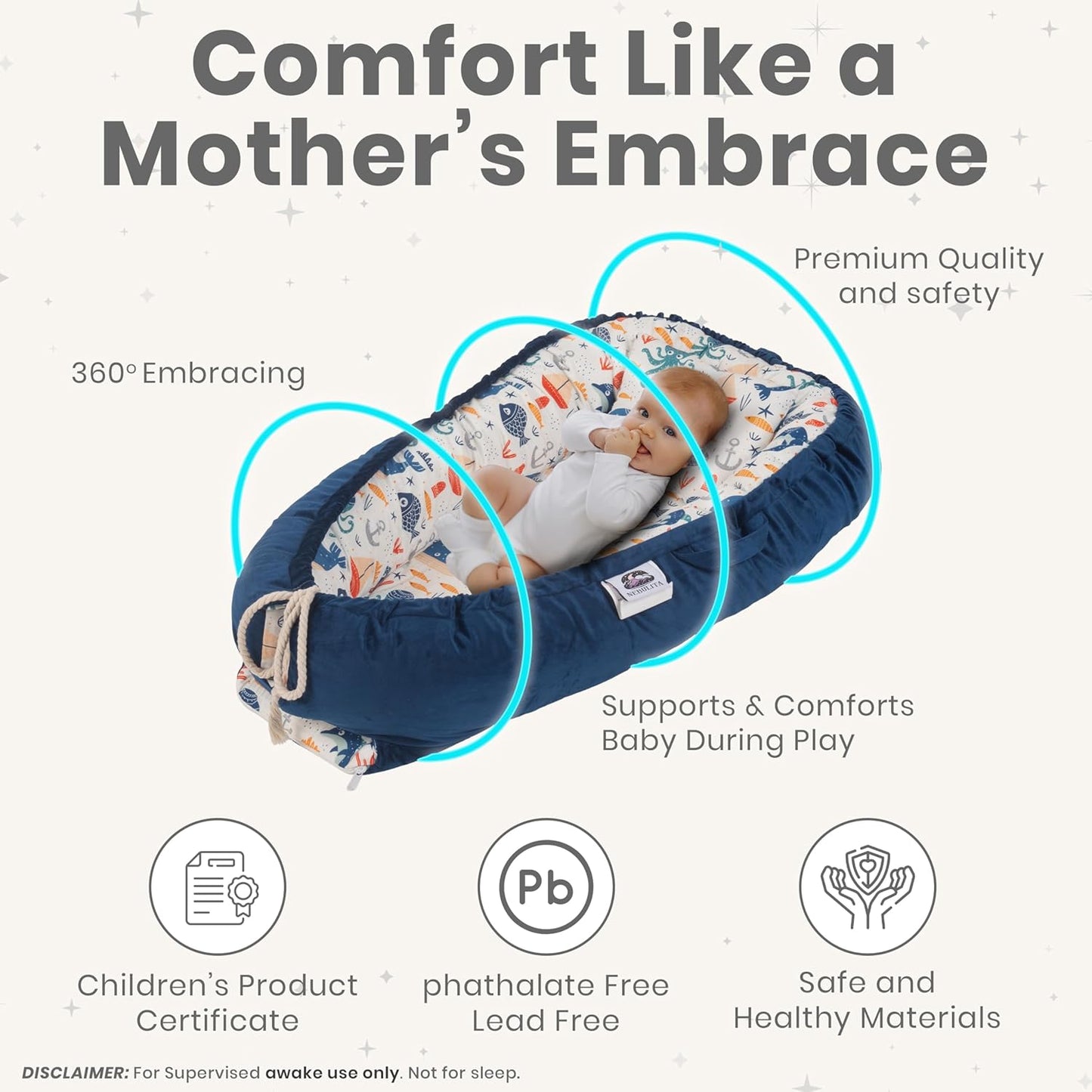 Skiennix Newborn Lounger - Flexible & Portable Infant Support Cushion in Blue | Soft 100% Cotton for Travel & Supervised Use