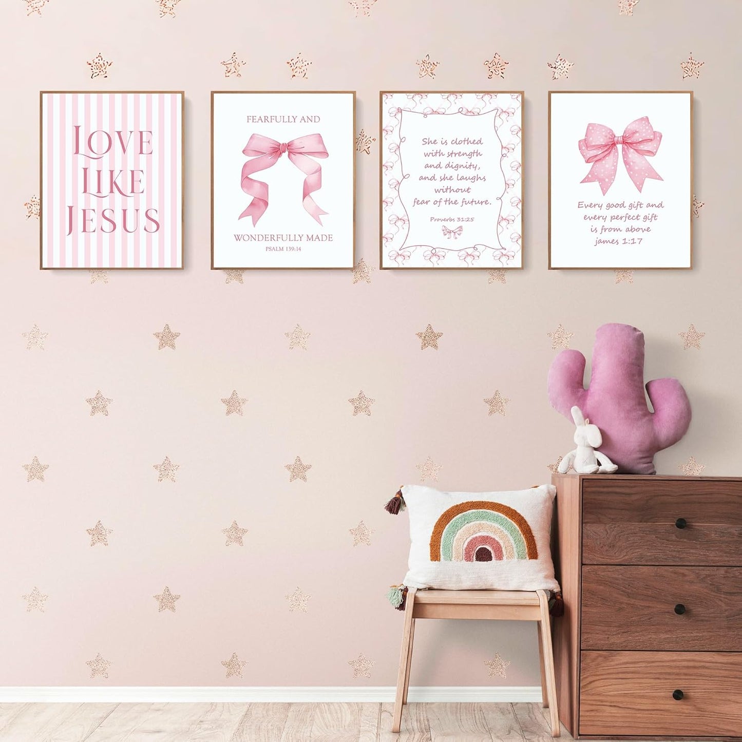 LARTSFRO Coquette Pink Bow Wall Art Decor - Inspirational Christian Posters for Bedroom | Set of 4 Unframed 10x8 Inch