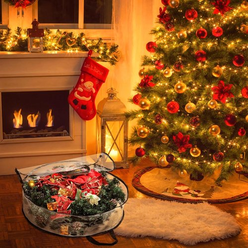 Hedume Wreath Storage Bag - 30" X 8" Clear Container with Dual Zippers & Reinforced Handle for Holiday Decor