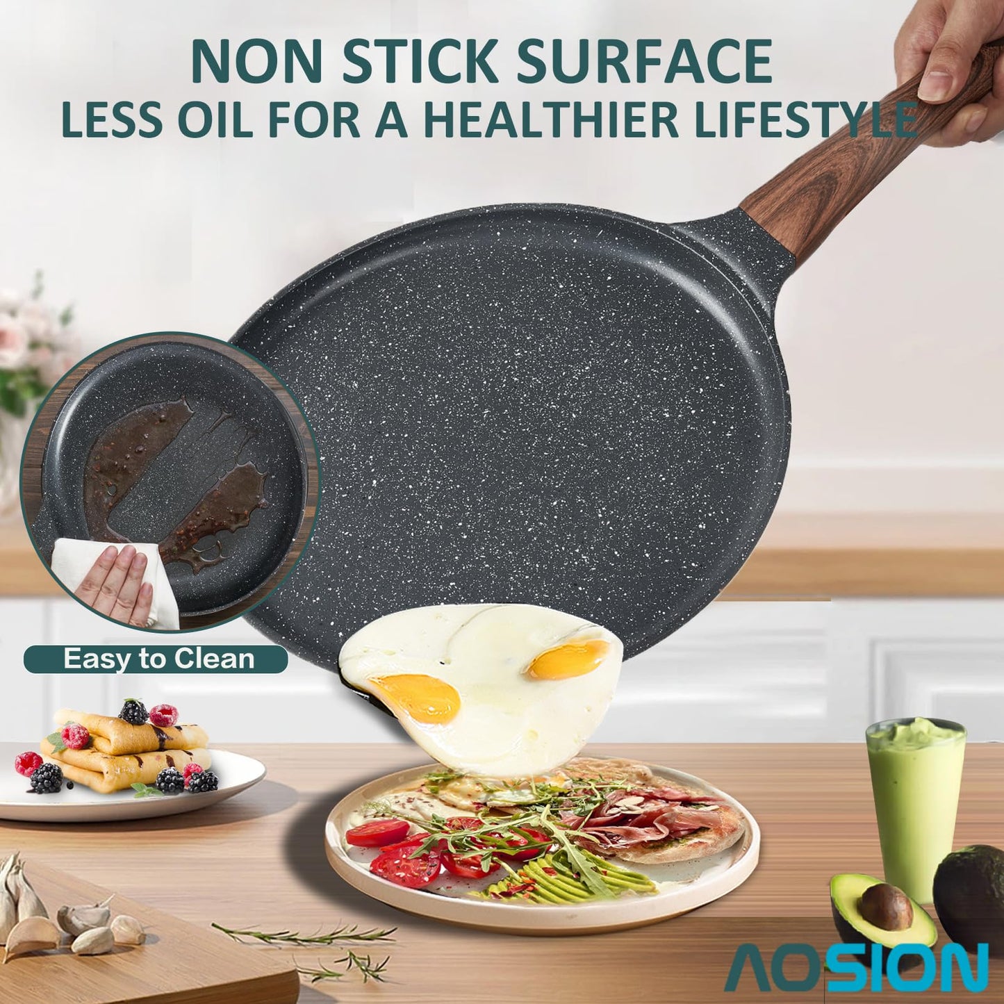 AOSION Crepe Pan 11 inch Nonstick Dosa Tawa Pan, Ceramic crepe pan,Tortilla Pan for Pancake Omelette Steak Frying Egg with Ergonmic Handle,For All Stoves
