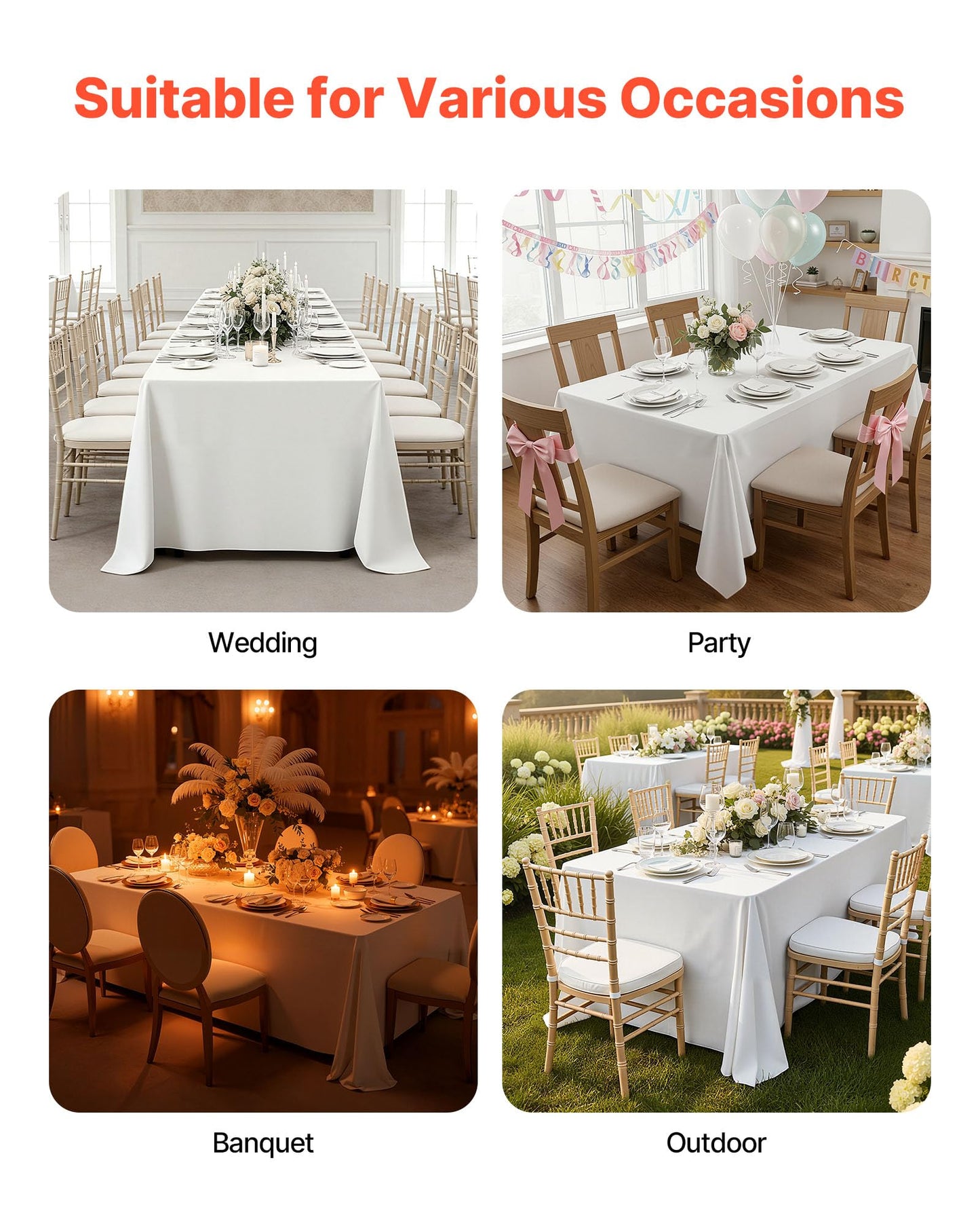 VEVOR White Tablecloths for Rectangle Tables, 6 Pack, 70 x 120 Inches, Reusable and Machine Washable Table Clothes, Wrinkle-Resistant Polyester Fabric Table Covers for Wedding, Party, Banquet