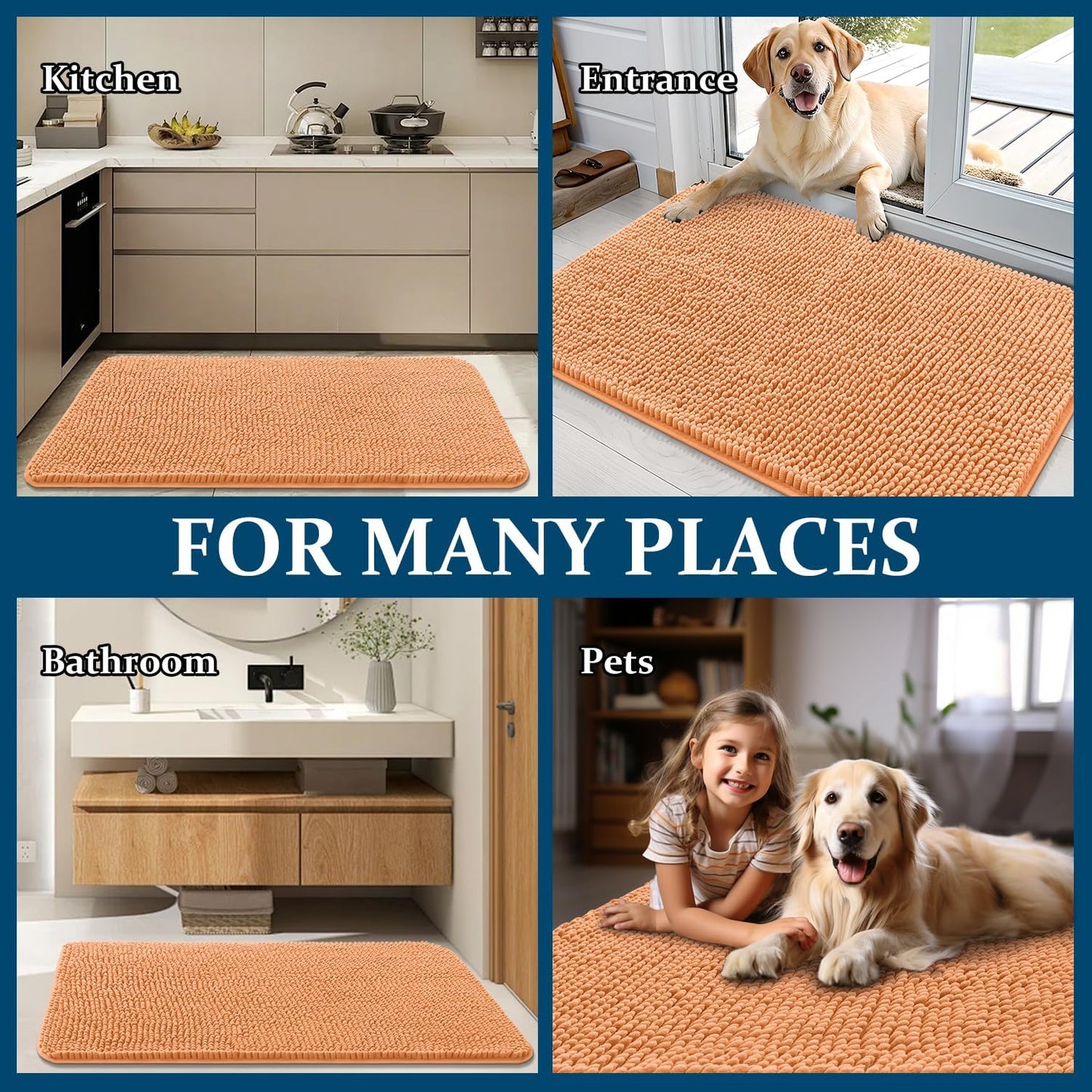 OLANLY Dog Door Mat - Absorbent Non-Slip Washable Doormat for Muddy Paws | 32x20 Inches, Quick Dry Chenille, Orange