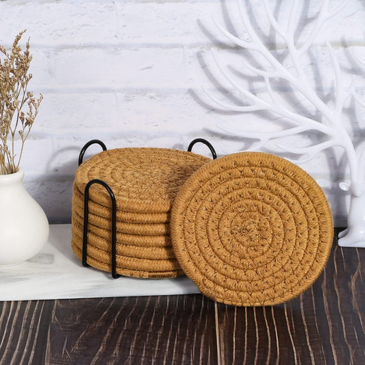 Mckanti 8 Pcs Drink Coasters with Holder, Absorbent Coasters for Drinks, Minimalist Cotton Woven Coaster Set for Home Decor Tabletop Protection Suitable for Kinds of Cups, 4.3 Inches.