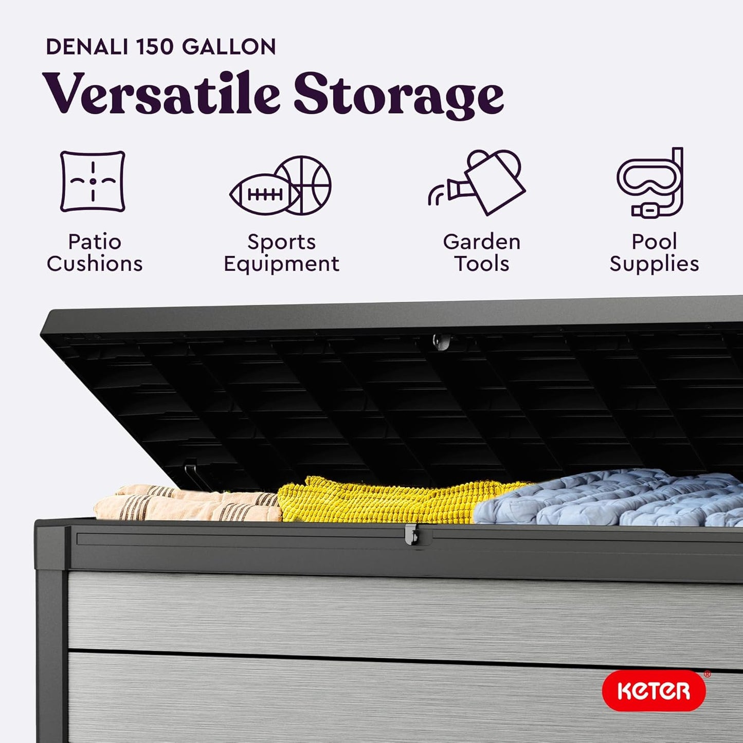 Keter Denali 150 Gallon Resin Deck Box - Durable Double Wall Design for Outdoor Storage | Grey & Black