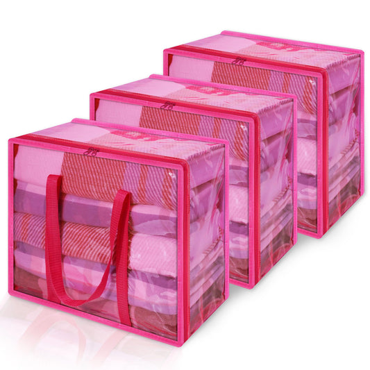 WADILE Pink Clear Clothes Storage Bag with Zipper, 3 Pack 90L Vinyl Storage Bag for Comforter, Blanket, Bedding, Duvet, Transparent Moving Totes