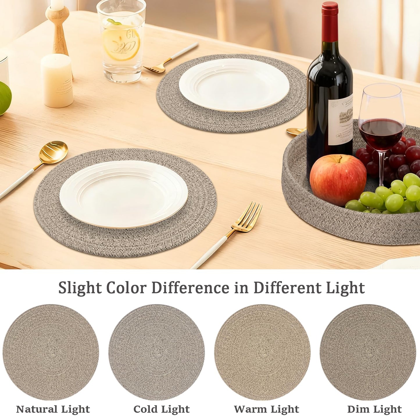 Round Placemats Set of 6 with Holder, Cotton Rope Woven Place Mats, Hot Pads for Kitchen, Heat Resistant Table Mats, 13 Inch Farmhouse Washable Braided Placemat for Kitchen Decor (Brown)
