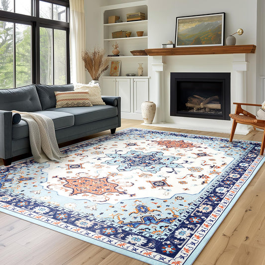 Phantoscope Vintage Collection Area Rug 5’x7’-Washable Rug Boho Retro-Patterned Rugs Non-Slip for Living Room,Bedroom,Dining Room,Dorm,Indoor Low-Pile Carpet Distressed Accent Rug,Blue/Orange/Cream