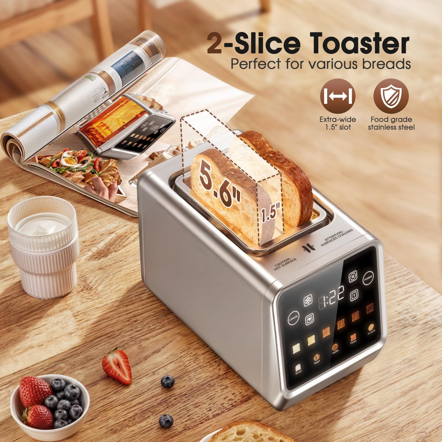 Touch Screen Toaster 2 Slice, Stainless Steel Smart Digital Toasters with Single Slot Toasting, Memory Function, 5 Bread Types & 6 Shade Settings,1.5" Wide Slot, 900W