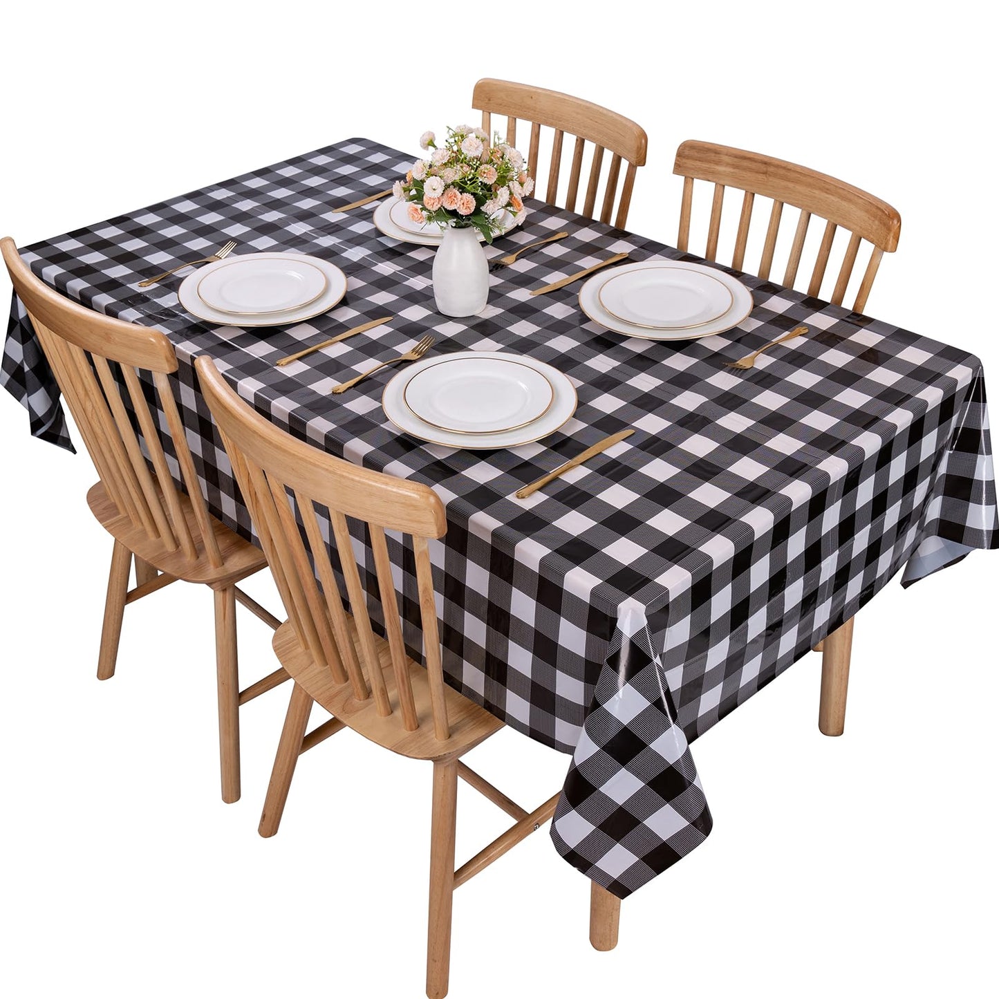 Kesfey 3 Packs Black Gingham Tablecloths 54 x 108 inch Black and White Checkered Tablecloth Disposable Plastic Plaid Picnic Tablecover Waterproof Fall Checkered Table Cloth for Camping Halloween Party