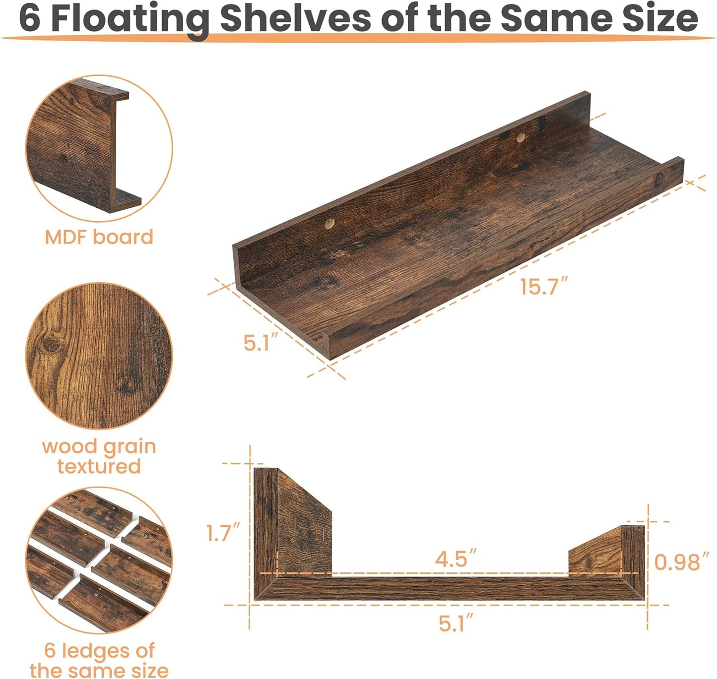 Upsimples Floating Wall Shelves - Set of 6 Decorative Wood Shelves for Bedroom, Living Room, Bathroom & Kitchen - Brown