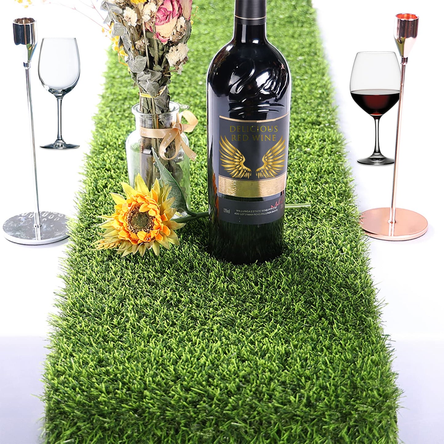 Kesfey Grass Table Runner 12 x 108 Inch Artificial Grass Carpet Rug Green Synthetic Table Runners Thickly Fake Grass Table Runner for Family Christmas Tabletop Decor Golf Party Decorations Baby Shower