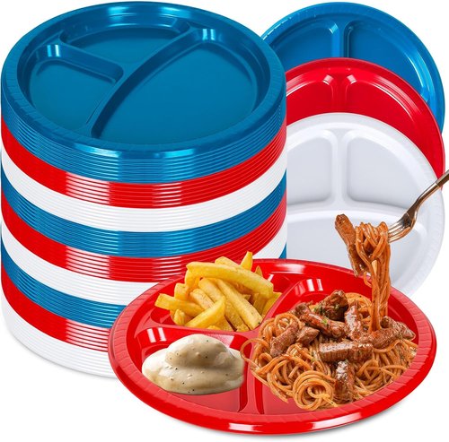 FYSUIMU 90Pcs 10-Inch Divided Plates - Patriotic Plastic Serving Trays for 4th of July & Memorial Day
