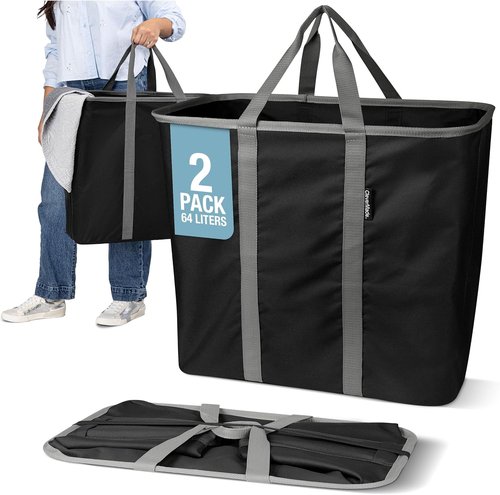 CleverMade Collapsible Laundry Caddy - XXL 64L Foldable Hamper & Tote, Space-Saving Organizer - Black Gray, 2 Pack