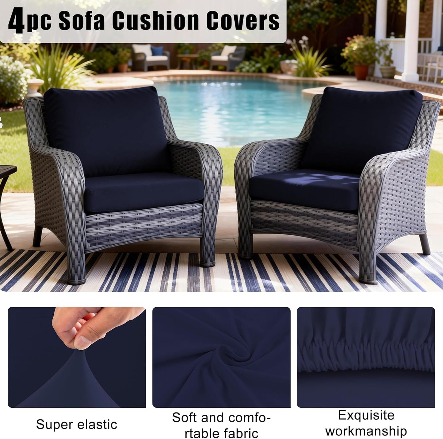 Skiennix Outdoor Cushion Covers - Stretch Elastic Slipcovers for Patio Furniture | Navy, 4-Piece Set