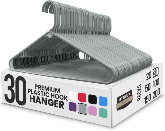 Utopia Home Plastic Hangers - Durable Space-Saving Clothes Hangers with Hooks | 30 Pack in Grey