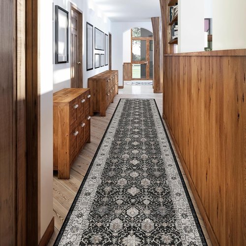 Hallway Washable Runner Rug - Vintage Non-Slip Indoor Carpet for Kitchen & Entryway | 2'6'' x 12', Black