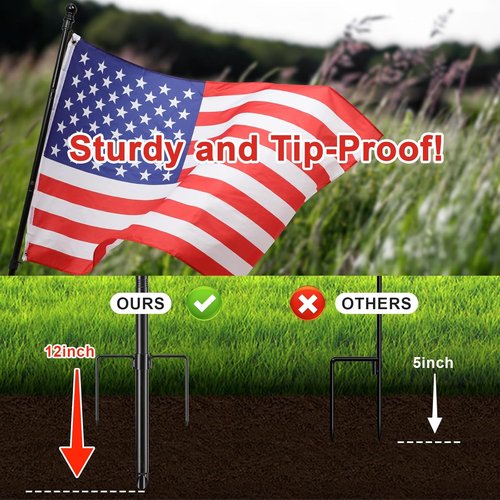 Heavy Duty Ground Flag Pole Kit - 8.5FT Tangle-Free Inground Flagpole with Windproof Prong - Black