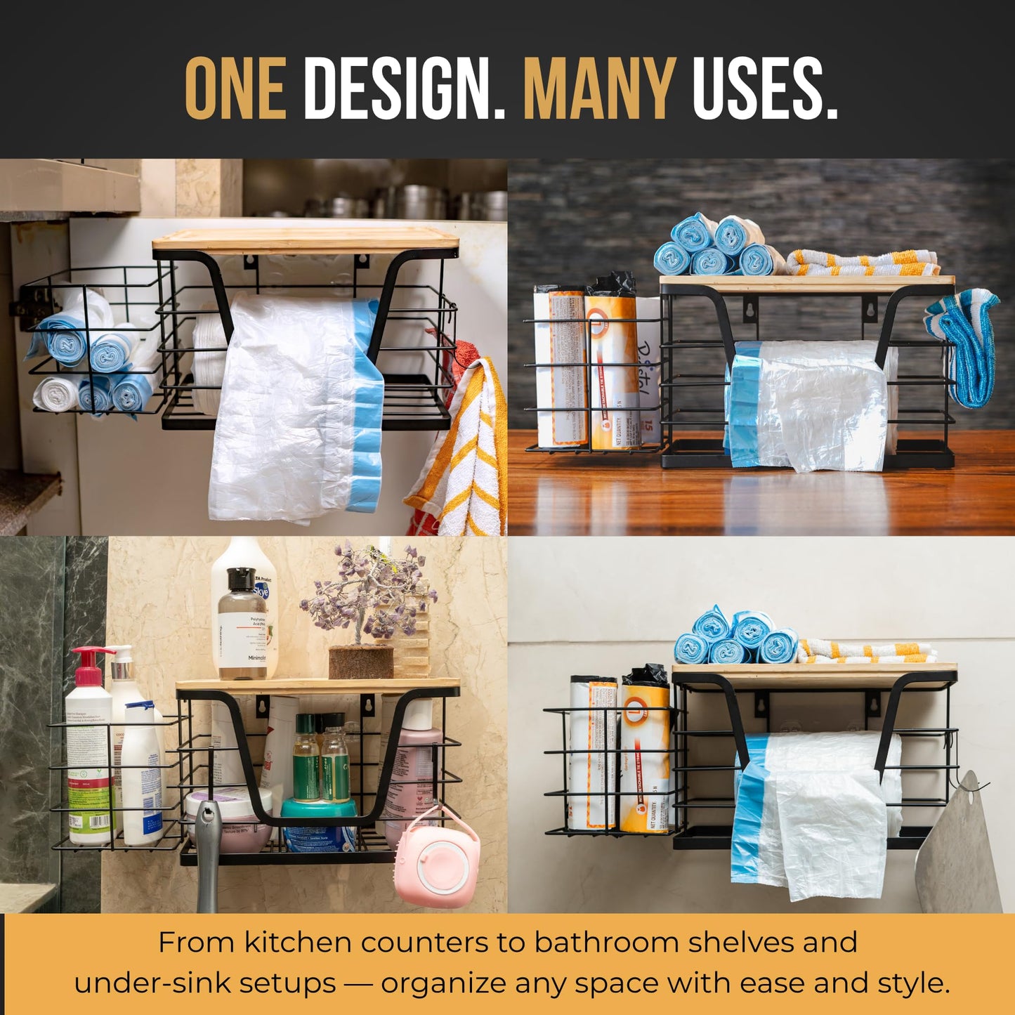 KLEVO 3-in-1 Extra Large Under Sink Trash Bag Holder – Wall Mounted Garbage Bag Dispenser with Detachable Basket & 2 Hooks – Kitchen Cabinet & Laundry Room Organization for 13/33 Gallon Trash Bags