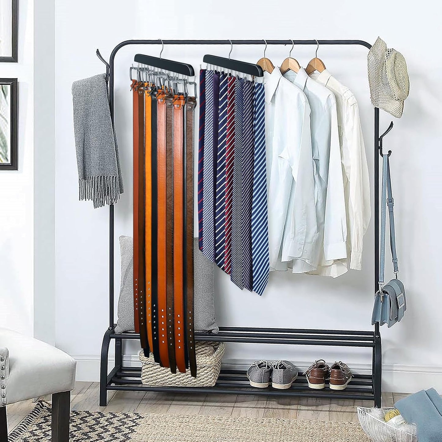 Skiennix Belt Hanger - Sturdy Wood Belt Rack with 14 Hooks for Closet Organization | Black, 1 Pack