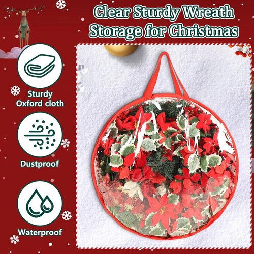 4 Pcs Christmas Wreath Storage Bag - 24 Inch Waterproof PVC Container with Clear Red Edging & Handles
