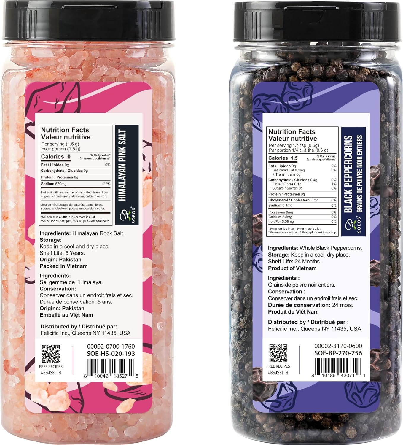 Soeos Himalayan Pink Salt & Whole Black Peppercorns Set - Coarse Grain, Non-GMO, 20oz + 9.5oz