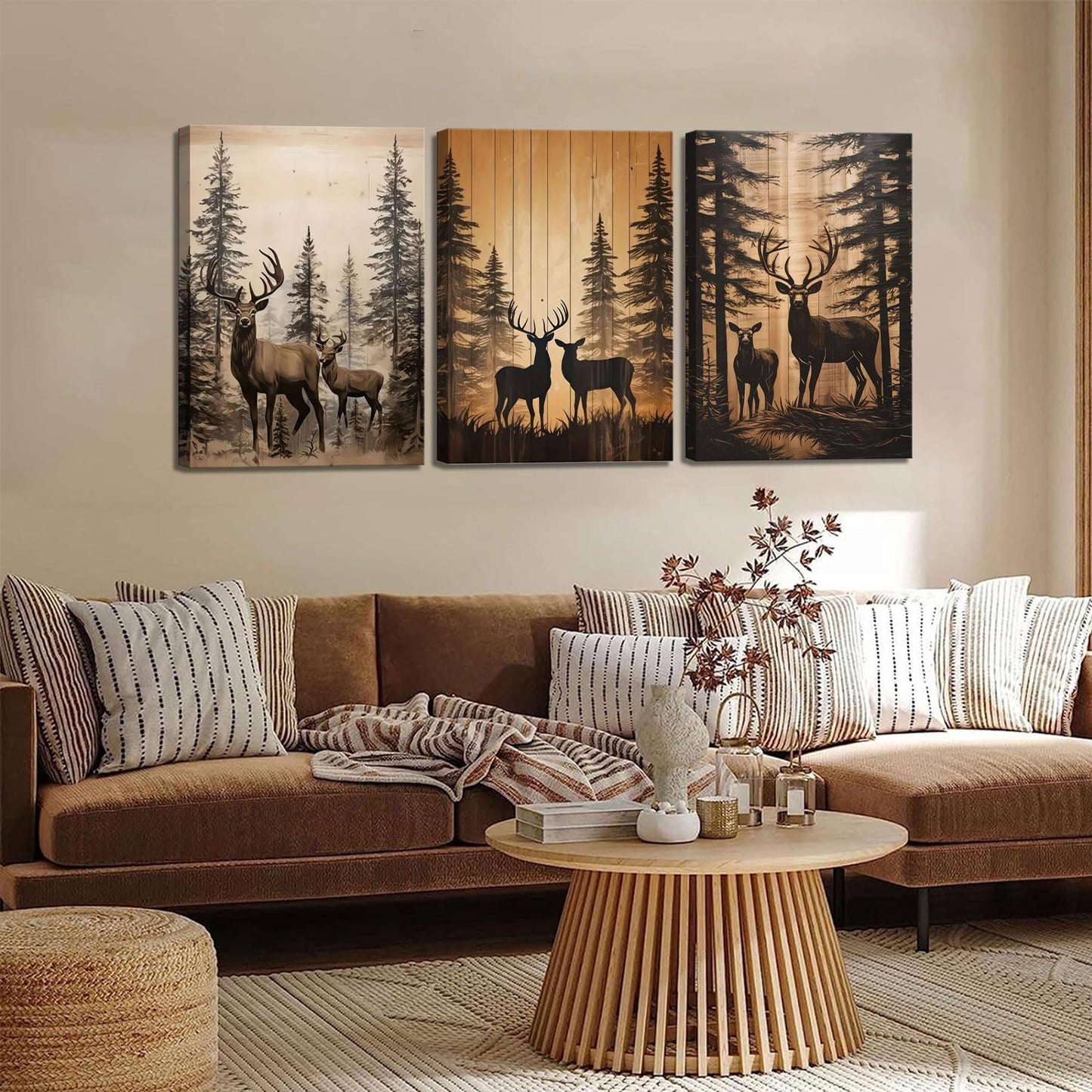 3Pcs Forest Elk Canvas Wall Art Country Farmhouse Wall Decor Picture Woodland Animal Poster Print for Living Room Bedroom Farmhouse Ranch Home Decor Ready to Hang