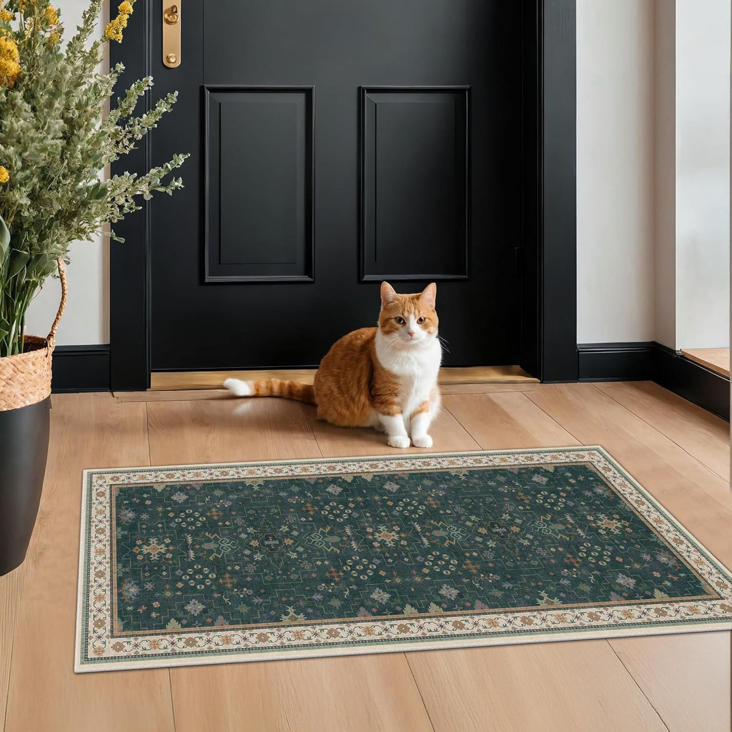 Oushak Dark Green 2x4 Entryway Rug - Modern Vintage Boho Floral Design, Washable Non-Slip Small Area Mat