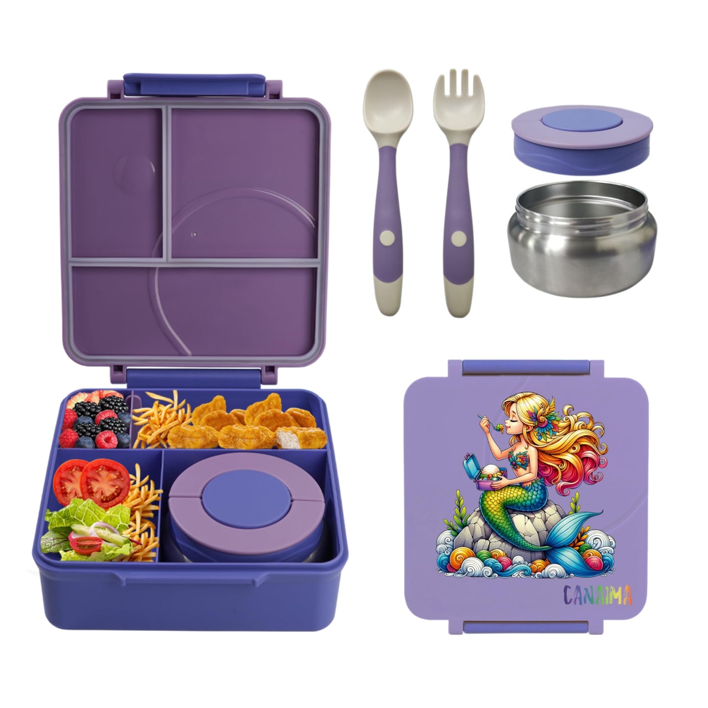 CANAIMA Bento Box for Kids with Thermos -1600ml Leak Proof Lunch Box - Amazing Designs - Microwave-Safe, BPA-Free, Easy to Clean Bento Lunch Box for Kids & Adults - School & Office (Purple Mermaid)
