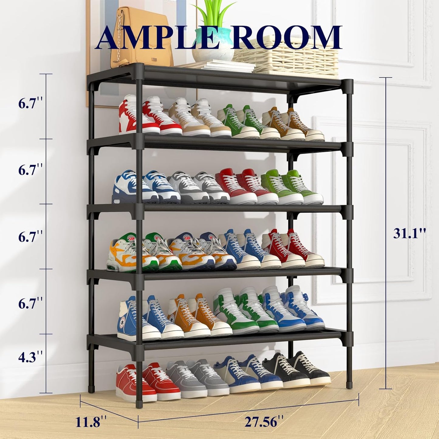 Kitsure Shoe Rack - Stackable 5-Tier Non-Woven Shoe Organizer for Closet & Entryway - 27.5" Wide, Black