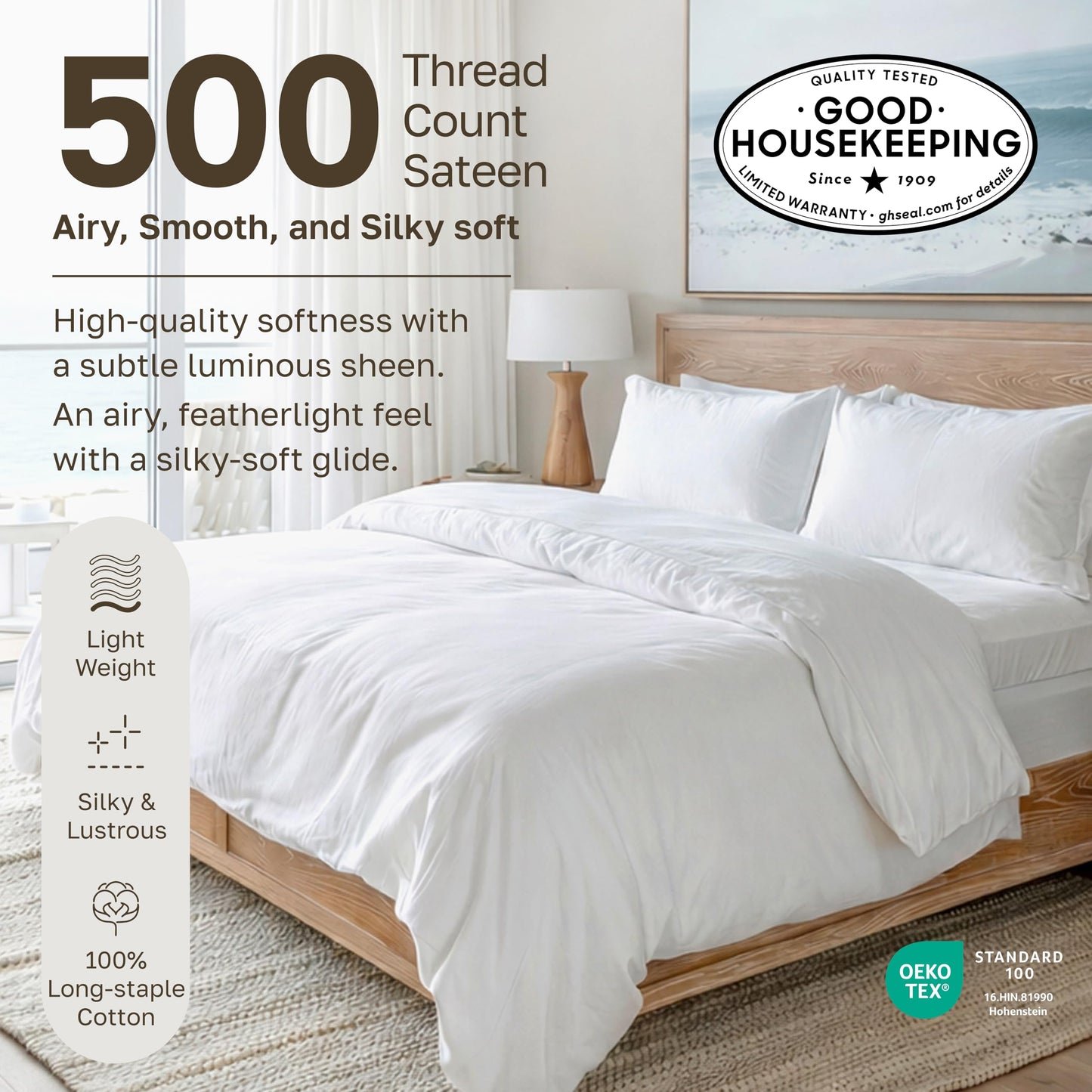California Design Den Queen Size Sheet Set - 500 Thread Count Sateen, 100% Cotton Sheets, Deep Pockets Bedding Set with All Around Elastic for a Snug Fit - White