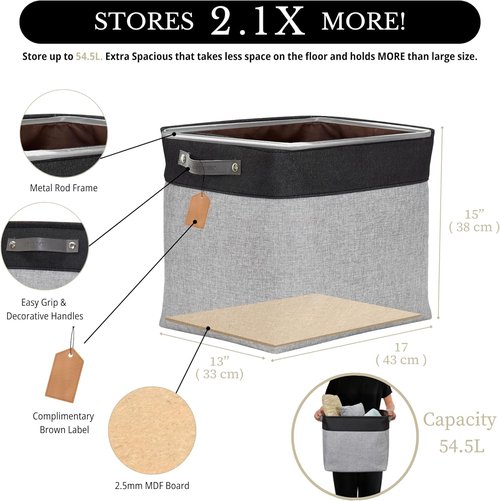 DECOMOMO Extra Large Storage Baskets - 54.5L Fabric Bins for Organizing Linen Closet | Grey & Black, XXXL (3 Pack)