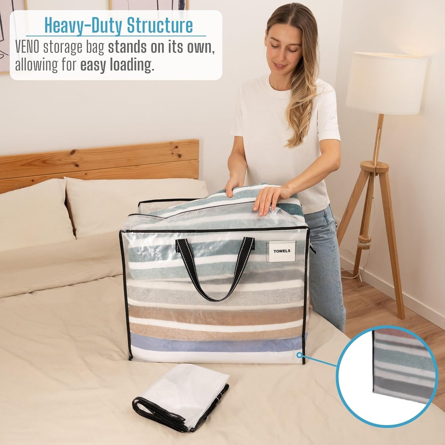 VENO Heavy Duty Moving Bags - 22 Gallon Storage Totes for Camping, Clothes & Bedding | 4 Pack