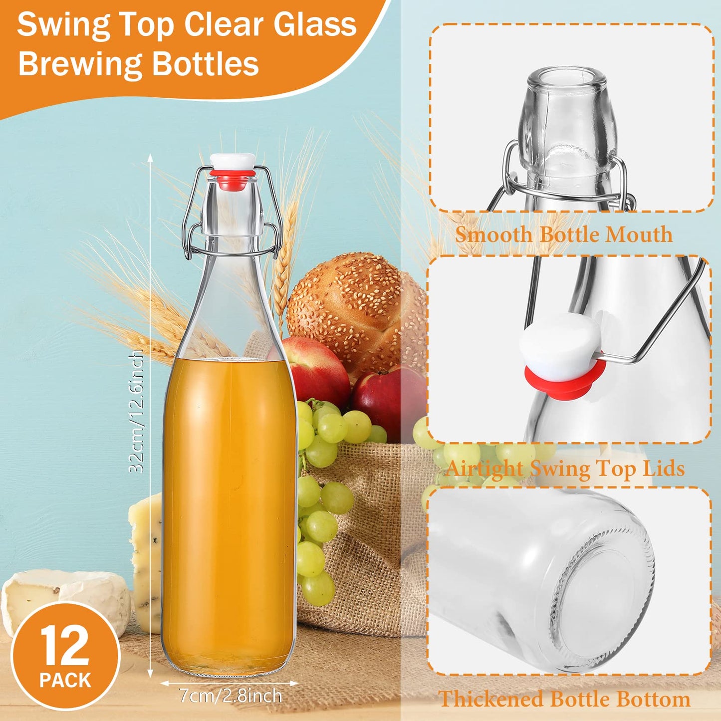 Aoriher 12 Pack 32oz Flip Top Glass Bottle 1 Liter Swing Top Bottles Home Brewing Bottles Beer Bottle with Airtight Seal Flip Caps for Kombucha, Beverages, Beer, Oil, Vinegar, Water, Soda